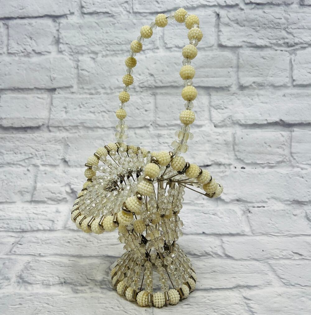 Vintage Handmade Beaded Safety Pin Basket Mid Century Pearl Silver 12" tall